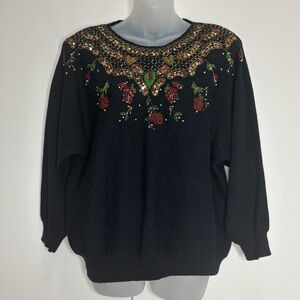 Vintage 90s Dana Scott Beaded Embroidered Black Sweater gold floral medium